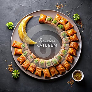 Ramadan Kareem with Baklava Sweets Arranged in Shape of Crescent Moon. Iftar Food Concept. Top View, Copy Space photo
