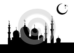 Ramadan Kareem Banner card template. Islamic Mosque silhouette graphic design, Crescent moon sky, Muslim symbols. Hari raya