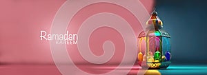Ramadan Kareem Banner Design With 3D Render of Colorful Arabic Lamp On Pink And Blue
