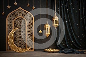 Ramadan Kareem banner with golden frame and arabesque pattern photo