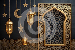Ramadan Kareem banner with golden frame and arabesque pattern photo