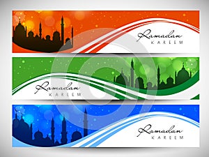 Ramadan Kareem Banner or Header Design with Silhouette Mosque in Three Color