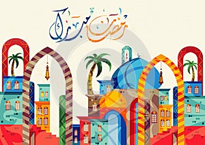 Ramadan Kareem beautiful greeting card with Arabic calligraphy which means ``Ramadan Kareem `` - Islamic background with lanterns