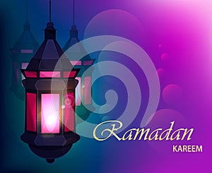 Ramadan Kareem beautiful greeting card with traditional Arabic lantern on blurred purple background.