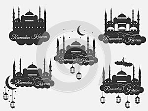 Ramadan Kareem, blue mosque, minaret, lantern and moon, muslim holiday lights. Set isolation banners, logos. Vector