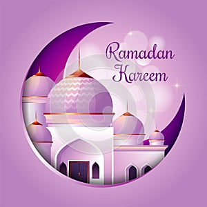 ramadan kareem card design with crescent and mosque golden ad purple color design