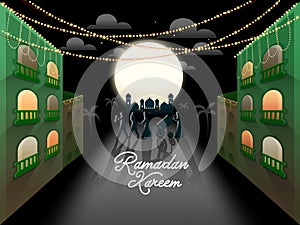 Ramadan Kareem Celebration Background with Residential Buildings, Mosque and Muslim People Playing Drum in Full Moon Night