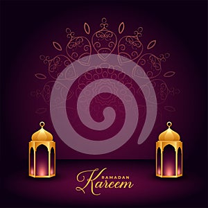 Ramadan kareem celebration card with realistic islamic lanterns