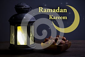 Ramadan Kareem celebration with lanterns and Dried date palm fruits ramazan food