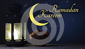 Ramadan Kareem celebration with lanterns and Dried date palm fruits ramazan food