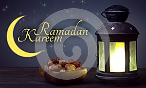 Ramadan Kareem celebration with lanterns and Dried date palm fruits ramazan food