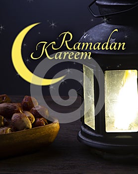 Ramadan Kareem celebration with lanterns and Dried date palm fruits ramazan food