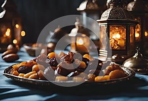 Ramadan Kareem celebration with lanterns and Dried date palm fruits ramazan food