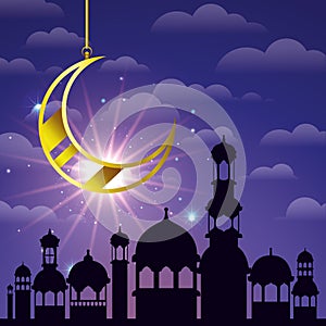 Ramadan kareem cityscape with golden moon hanging