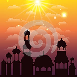 Ramadan kareem cityscape silhouette scene