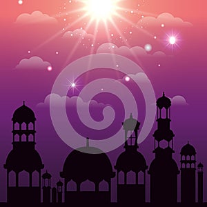 Ramadan kareem cityscape silhouette scene