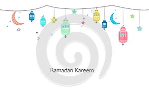 Ramadan Kareem with colorful lamps, crescents and stars. Traditional black lantern of Ramadan background photo