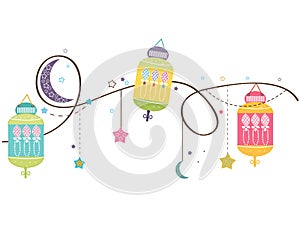 Ramadan Kareem with colorful Lamps, Crescents and Stars. Traditional lantern of Ramadan vector background photo