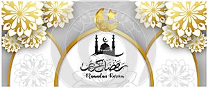 Ramadan kareem concept banner 3d gold frame arabic window on beautiful background beautiful arabic pattern vector illustration