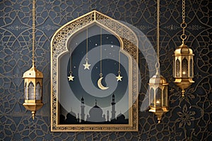 Ramadan Kareem concept with gold 3D frame and lanterns photo