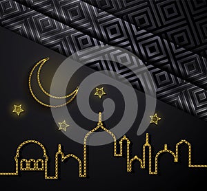 Ramadan Kareem concept banner with islamic geometric patterns, crescent moon and star.  Vector illustration