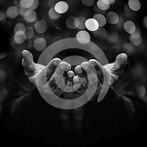 Ramadan kareem concept, Black and white prayer hands open two empty hands with palms up to pray God