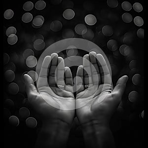 Ramadan kareem concept, Black and white prayer hands open two empty hands with palms up to pray God