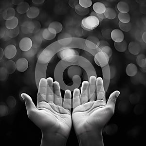 Ramadan kareem concept, Black and white prayer hands open two empty hands with palms up to pray God