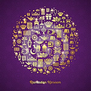 Ramadan Kareem concept with gold icons in circle