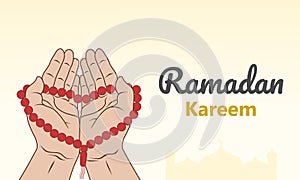 Ramadan kareem concept. Muslim hands holding prayer beads for dhikr and and pray to god. Vector illustration photo