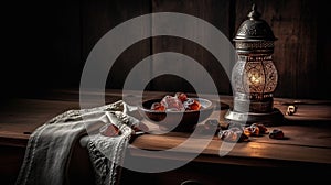 Ramadan Kareem concept. Traditional Ramadan Kareem lantern with dates on wooden background Ai generative