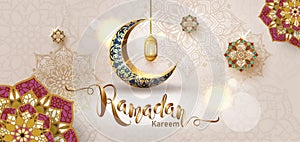 Ramadan Kareem with crescent moon gold luxurious crescent,template islamic ornate  element for greeting card