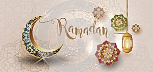 Ramadan Kareem with crescent moon gold luxurious crescent,template islamic ornate  element for greeting card