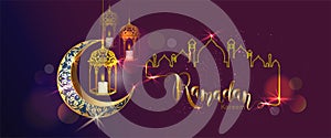 Ramadan Kareem with crescent moon gold luxurious crescent,template islamic ornate  element for greeting card