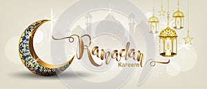 Ramadan Kareem with crescent moon gold luxurious crescent,template islamic ornate  element for greeting card photo