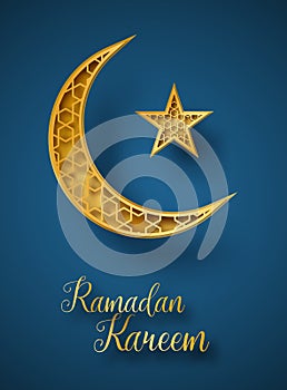 Ramadán  trojrozmerný abstraktné znížiť ilustrácie. zlatý mesiac a hviezda islamský vzor. blahoprajná pohľadnica 