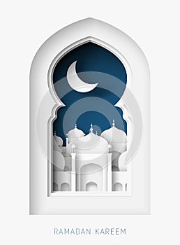 Ramadán  trojrozmerný abstraktné znížiť ilustrácie. islamský mešita. mesiac a modrá obloha 