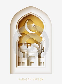 Ramadan Kareem 3d abstract paper cut illustration. Window with islamic mosque. moon and gold sky. photo