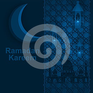 Ramadan Kareem, dark blue background with Oriental ornament, mosque, moon and Moroccan lamps.