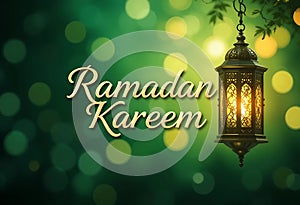 Ramadan Kareem design with green bokeh soft golden light background with lantern. photo