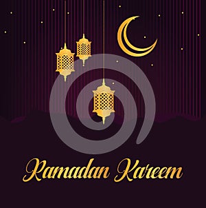 Ramadan Kareem eid greeting card design. Gold arabic lanterns and crescent moon on purple background.