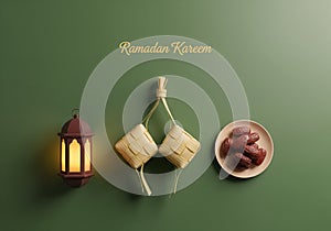 Ramadan Kareem and Eid greeting with dates, ketupat, and lantern on a green backdrop