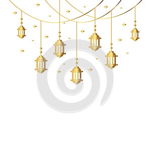 Ramadan Kareem and Eid Mubarak Arabian lanterns lamps for Muslim Islam holiday greeting card with gold stars. Gold golden color