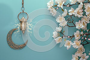 Ramadan Kareem and Eid Mubarak greeting card design with golden crescent, lantern, branch with blooming flowers. Ai generated