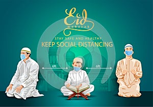 Ramadan Kareem and Eid Mubarak greetings. Islamic people keep social distancing vector illustration design. covid-19, corona virus