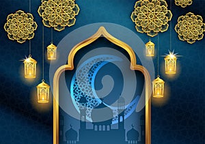 Ramadan kareem or eid mubarak islamic greeting card design with gold lantern