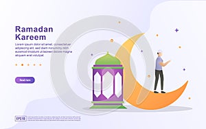 Ramadan kareem flat design concept. People see fireworks during Ramadan. Welcoming Ramadan with fireworks. Be happy when Ramadan