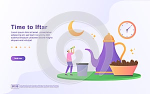 Ramadan kareem flat design concept. People are waiting for iftar time. happy when the time comes. time to iftar, happy iftar party