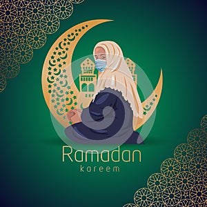 Ramadan Kareem. girl wearing hijab. Muslim woman. Female hijab wear mask prevent virus, corona or COVID-19. Vector