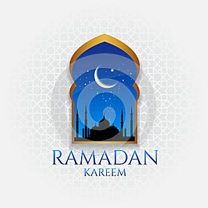 Ramadan kareem - gold door and moon and star at night vector design